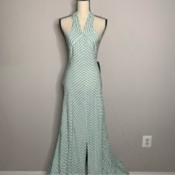NWT New York & Company Sea Green & White Striped Halter Maxi Dress - Picture 6 of 17
